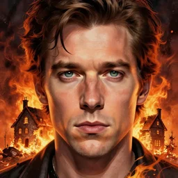 a close - up of david byrne in front of a burning house, hyper realistic face, in the style of greg rutkowski, illustration, epic, fantasy, intricate, hyper detailed, artstation, concept art, smooth, sharp focus, vibrant