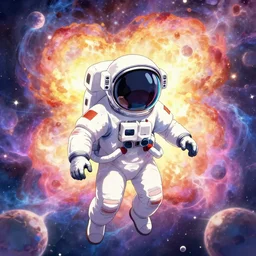 anime astronaut in a nebula explosion, pastel, colorful, crowded, horror, artstation, digital art.
