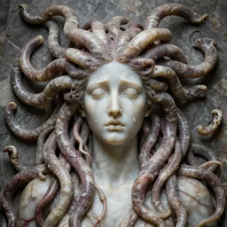 depressive greek medusa, beautiful face, crying, tubular creature, blood vesels, no face, dystopian surrealism, art style alex ries giger zdzisław beksinski, symmetry accurate features, stone marble, defined, sharp, polished, very intricate details, high resolution, high quality