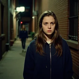a creepy cell phone camera picture of an alleyway in west philadelphia at night, with a college - aged woman in the distance. girl in the photo wearing a navy hoodie. directed by david lynch