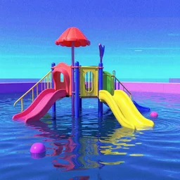 80s VHS vaporwave outrun 3d Render of a flooded playground, liminal space retro, grainy, noisy