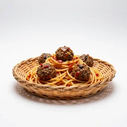 wicker spaghetti and meatballs, professional product shot, isolated on a pure white background, centered, entire object in frame, sharp focus, soft studio lighting