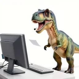 photograph of a dinosaur giving tech support to an ibm mainframe computer