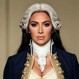 portrait of george washington in costume as kim kardashian wearing a fancy v - neck dress at a gala. digital art by eugene de blaas, ross tran, and nasreddine dinet, vibrant color scheme, intricately detailed, in the style of romanticism. artstation, greg rutkowski