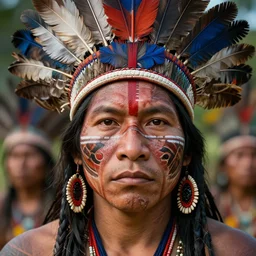 gediminas pranckevicius very sharp ultra detailed stunningly beautiful face of tribal indigenous with feather headdress, amazon indian peoples in brazil, physically based rendering, defined features by ellen jewett, tomasz alen kopera and justin gerard, war paint, prepared to die