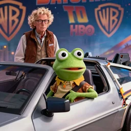 pepe frog as doc brown, film still back to the future, delorean scene, high quality, hd, 4 k, warner, hbo, cinema frame