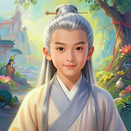 portrait painting of a 6 0 year old kind handsome taoist priest, big eyes, deep silhouette ， looks like keanu reeve ， silver ponytail hair, amiable by yangjun chen, huang guangjian, fenghua zhong, wenjun lin, nadar, bright colors, octopath traveler, unreal engine 5 highly rendered, global illumination, radiant light, detailed and intricate environment