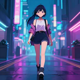 clockpunk anime girl walk in cyberpunk neon street