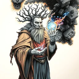 high intricate colored ink drawing of a druid holding a glimmering blue - fire - galaxy, full shot, neil gaiman, maria panfilova, andrea savchenko, mike kime, ludovic plouffe, qi sheng luo, oliver cook, julian calle, eddie mendoza, trending on artstation