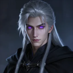 portrait of a young man with silver hair, silver hair, wearing a black cloak, glowing purple eyes, fantasy, highly detailed, cinematic lighting, digital art painting by greg rutkowski