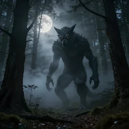in the style of artgerm, peter mohrbacker, rafael albuquerque, wendigo in the forest emerging from the shadows, fog, full moon, moody lighting