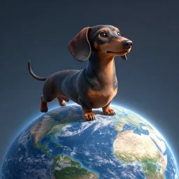 Colossal alien Dachshund is orbiting the earth, serene view