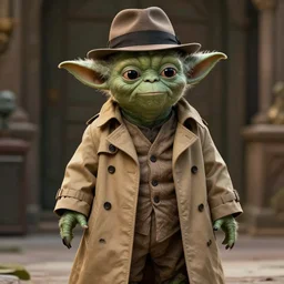 yoda with a long tan trench coat and a fedora, highly detailed, wallpaper, scene, digital art, cinematic