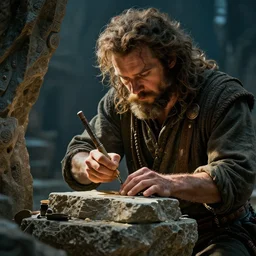 a stonemason carving, fantasy concept art, cinematic framing, cinematic lighting, movie poster art, digital art, intricately detailed, blockbuster movie art