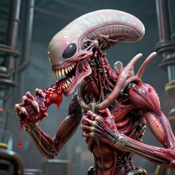 hr giger highly detailed anatomical biomechanical industrial factory made to chew object via teeth, biomechanical xenomorph machine made of teeth red gums pink sinew red muscle, disturbing biohorror saliva, cinematic 3 d render unreal engine, photorealistic, volumetric lighting, painted by hr giger, designed by hr giger, red pink white steel