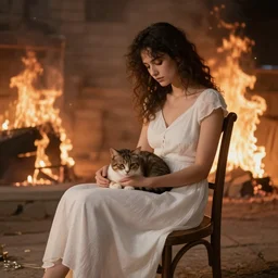 a woman in a white dress sitting on chair with a cat on her lap in a burning room in vanice