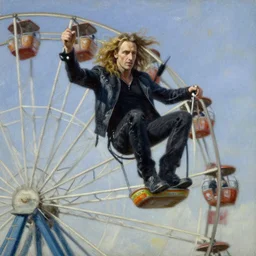kirk hammett of metallica on a ferris wheel, oil on canvas