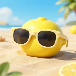 lemon wearing sunglasses on the beach, 4K, high octane, 3d render