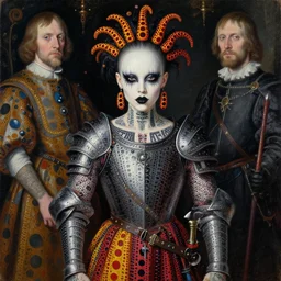 portrait of a medieval warrior yayoi kusama, goth punk, tattoos, a flemish baroque by alexander mcqueen, art by john collier by greg rutkowski and craig mullins, oil on canvas