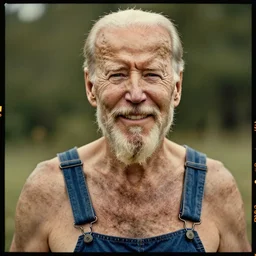 far view, extremely skinny malnourished joe biden with long beard, wearing dirty overalls, dirty greasy face, grin, portrait, close up, kodak gold 2 0 0, 5 0 mm,