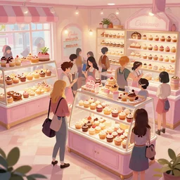 Crowded cupcake bakery, wide shot, trending on artstation
