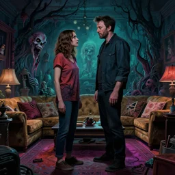 cinematic colorful horror artwork by artgerm, beksinski, mark brooks, stephen king ; real life full portrait of ben affleck facing his wife dove cameron standing at living room ; ground level wide shot low angle ; night ominous scary, 8 k hdr, creepy intricate ; volumetric dramatic lighting, insanely detailed, haunting