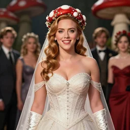 captain america by scarlett johansson as an attractive young smiling woman wearing a mushroom crown and heavy armoured wedding dress, face portrait, hd shot, digital portrait, elegant, beautiful, fantasy art, artstation, comic style, by artgerm, guy denning, jakub rozalski, magali villeneuve and charlie bowater