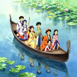 anime movie screenshot, characters, waterway, fantasy. gondola boat, amazing composition, colorful watercolor, lily pads, reflections, by ruan jia, by maxfield parrish, by koji morimoto, by zeen chin, by sparth, by zhang kechun, illustration, gloomy, giant statues!!!!!!!, winter