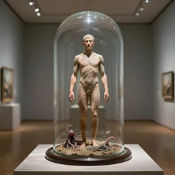 a perfect photograph of a museum exhibit, a glass human shaped belljar enclosing a man who is a rectilinear representation of the impending cephalopod ascension and liberation of the human spirit from the physical terrestrial realm. perfect focus and studio lighting, gallery quality