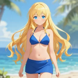 a very beautiful young anime girl, full body, long wavy blond hair, sky blue eyes, full round face, bikini, miniskirt, front view, mid - shot, highly detailed, digital art by wlop, trending on artstation