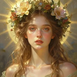 perfectly feminine face!! full body portrait of young fairy earth goddess blessed by nature, floral sunlight crown, light brown hair, intricate, sensual features, dewy skin, reflective skin, highly detailed, divine holy perfection!! digital painting, artstation, concept art, smooth, sharp focus, warm lighting, illustration, art by artgerm and greg rutkowski and alphonse mucha