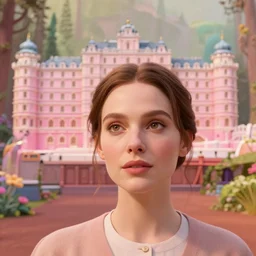 cinematic mid shot of a high detail, refined woman's face looking off camera. fine facial features. she stands in an empty, pastel colourful 3 d, forrest scene, by jeffrey smart and gregory crewdson and edward hopper, inspired by the grand budapest hotel