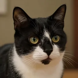 a tuxedo cat with a realistic human head, movie still, 8 k