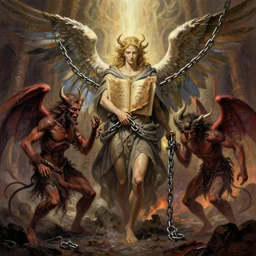 book of enoch, angels capture demons with huge chains and send them to hell, by greg rutkowski and oi and remington and dan mumford, trending on artstation