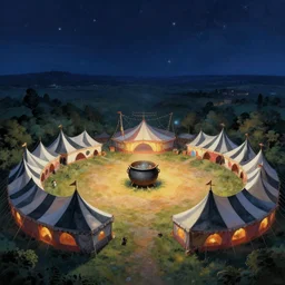 a magical circus in a field at night with large black and white tents in a circle with a giant cauldron in the center, artwork by gerald brom, masterpiece, 4 k