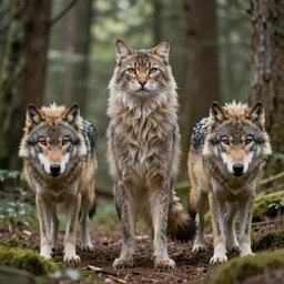 furry cat woman in a forest 8. b 4 with real wolves