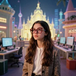 a 3 5 mm photo portrait of a girl wearing gucci and gucci glasses dreaming of a wes anderson theme park in her creative art studio morphing into a creative digital immersive installation, glowing lights, gucci and wes anderson, high detail, 8 k, 3 d renders by beeple and david hockney, unreal engine, film grain, octane render,