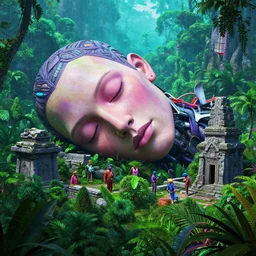giant sleeping biomechanical head sailing over stone temple ruins in lush rainforest mountaintops, synthwave, bright neon colors, highly detailed, cinematic, tim white, vladimir kush, philippe druillet, roger dean, bob eggleton, michael whelan, boris vallejo, alfred kelsner, kubrick, jaroslaw jasnikowski