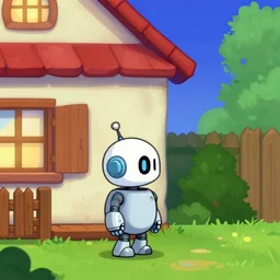main player character, which is a small cute robot, standing outside a house, facing side wards from a lucasarts point and click 2 d graphic adventure game, art inspired by thomas kinkade
