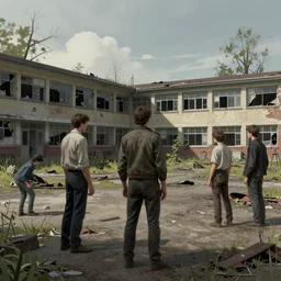 detailed ultra - realistic graphic novel illustration of postapocalyptic abandoned schoolyard by edward hopper and gregory crewdson, cinematic, full shot, george adult, ian miller, wayne barlowe, greg rutkowski