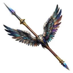 medieval weapon, long spear, tip made of multicoloured feathered wings, prismatic, detailed drawing, magic the gathering, white background