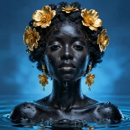 hyperrealistic post rococo cinematic very expressive! black oshun goddess, in water up to her shoulders, translucent dripping droplet!, gold flowers, highly detailed face, digital art masterpiece, smooth eric zener cam de leon dramatic pearlescent blue back lighting, low angle uhd 8 k, sharp focus