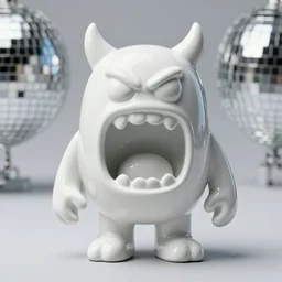 High detail photography, 8K, disco pictoplasma, one simple angry screaming ceramic toy monster Figure sculpture, 3d primitives, in a Studio hollow, by pixar, by jeff koons, joints, by jonathan ive,, simulation