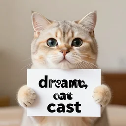 realistic high quality photo of a cute cat holding a sign with text that reads : dream, cat, cas, cast dreamcats