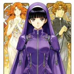 a copic maker manga portrait by yoshiyuki sadamoto and lois van baarle and alphonse mucha of an anime girl highly detailed eyes wearing a futuristic slightly purple priestesses uniform lots of zippers, pockets, synthetic materials, by issey miyake and balenciaga 8 k