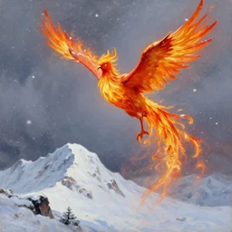 A Flaming Phoenix Flying Above A Snowy Mountain, Snowing, In The Style Of An oil Painting, trending on artstation