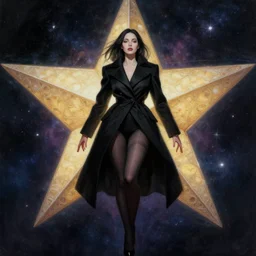 lady in black coat and pantyhose in cosmic horror style, giant star, intricate, seductive confident pose, realistic, extremly high detailed, digital painting, art by ross tran and greg rutkowski and edgar maxence