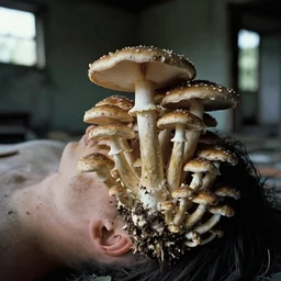 1 9 7 0 s photography, mushrooms growing over human body in abandoned house