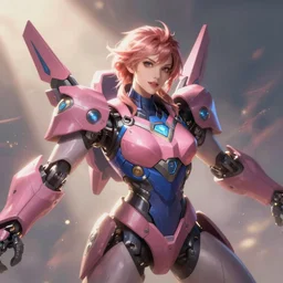a beautiful woman, piloting a mech. Pink and blue color scheme. In the style of Arcane by fortiche.