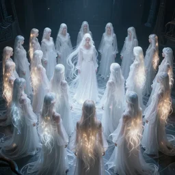 love, groups of translucent people with long glowing hair, from behind, rebirth, wide angle, cinematic atmosphere, elaborate, highly detailed, dramatic lighting